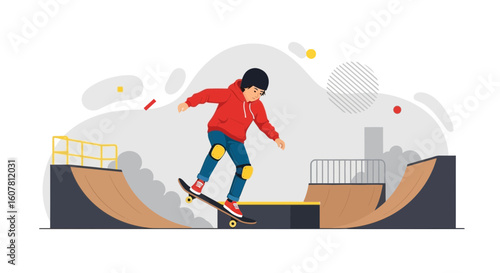 Skateboarder Doing Tricks In Skate Park With Modern Abstract Style Background