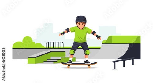 Skateboarder Doing Tricks in the Skatepark With Protective Gear Gear