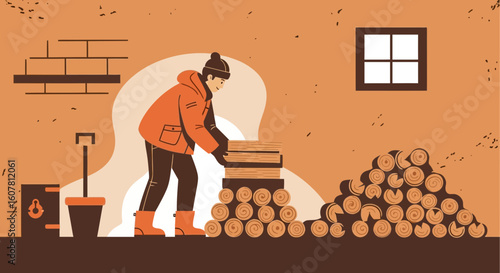 Preparing Firewood For Winter A Man Stacking Wood In Warm Hues Illustration