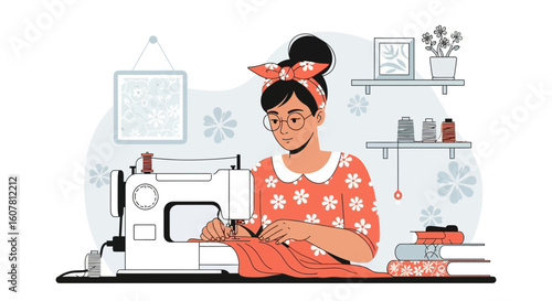 Skilled Seamstress Creates Clothing Using Sewing Machine At Her Studio