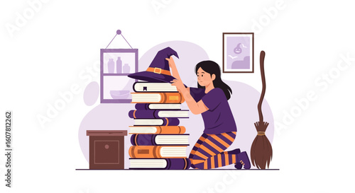 Preparing For Spooky Season Girl Arrange Books With Witch Hat And Broom