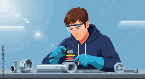 Skilled Mechanic Precision Inspecting Machined Metal Component With Accuracy
