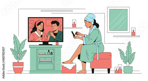 Woman Doing Her Nails While Watching Beauty Vlogger Tips At Home