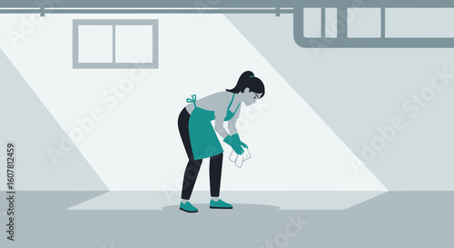 Woman Doing Housework Cleaning Floor With Cloth Inside Home Flat Design