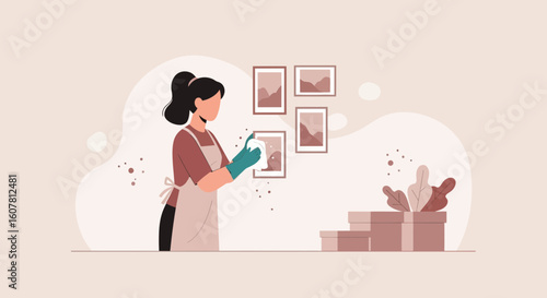 Woman Doing Housekeeping Cleaning Art Prints Displayed On Wall At Home