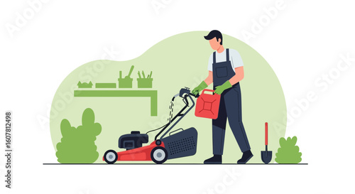 Preparing Lawn Mower By Adding Fuel For Gardening And Lawn Care Service