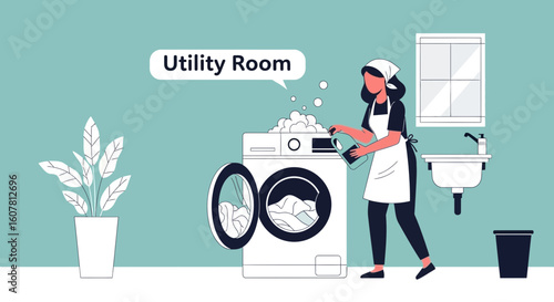 Woman Doing Laundry Chores in Utility Room at Home Illustration Style