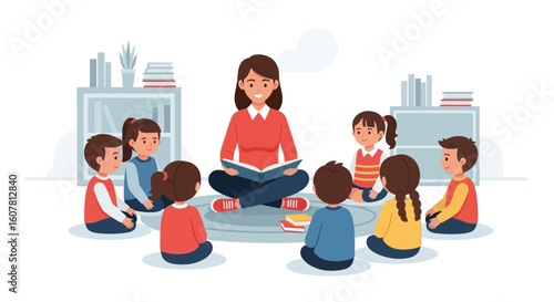 Preschool Story Time With Teacher And Children Learning Together In A Class