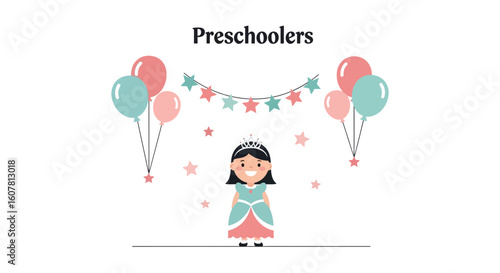 Smiling Preschooler At Birthday Party Surrounded With Balloons And Stars