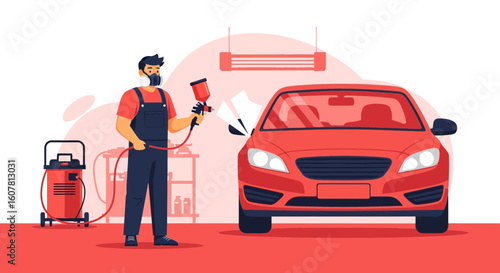 Professional Auto Painter Applying Fresh Paint To A Car In A Workshop