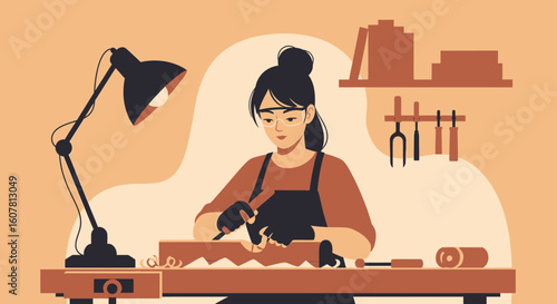 Woman Engaged In Detailed Wood Carving With Protective Gear And Focused Precision