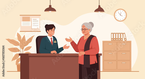 Professional Bank Teller Helping An Elderly Woman With Financial Services Needs