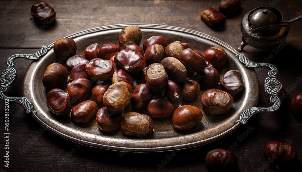 Fototapeta premium chestnuts on a artistic metal plate in a rustic dark