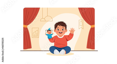 Smiling Young Boy Engaged In A Puppet Show Performing At Home Theatre