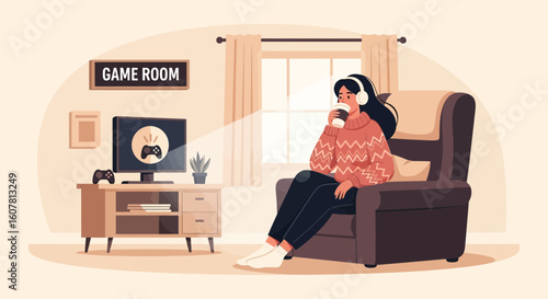 Woman Enjoying Downtime With Coffee In A Cozy Game Room Relaxation