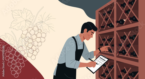 Sommelier Reviewing Wine Stock Taking Inventory At Vineyard Minimalistic Style