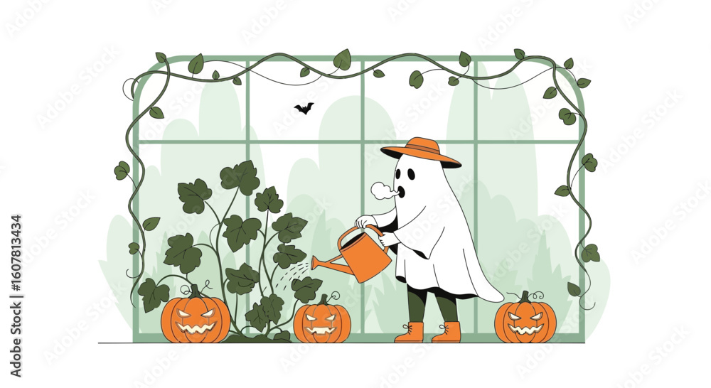 Fototapeta premium Spooky Gardener Watering Pumpkins For Halloween Season Decor Greenhouse