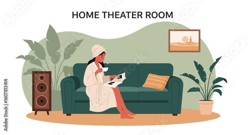 Woman Enjoying Leisure Time in Home Theater Room with Tea and Magazine