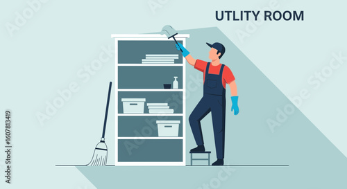 Professional Home Cleaning Service Concept With Man Cleaning Utility Room Shelf