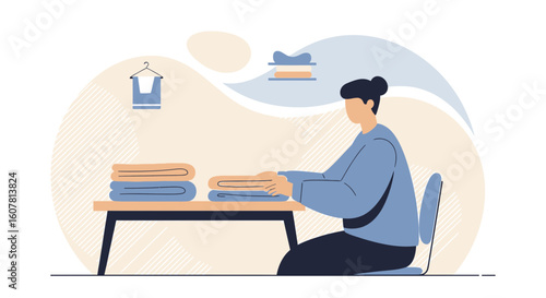 Woman Folding Laundry At Home With Stacked Clothes And Hanger Decoration