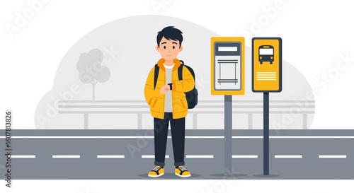 Student Checking Time Waiting For Transportation At The Bus Station