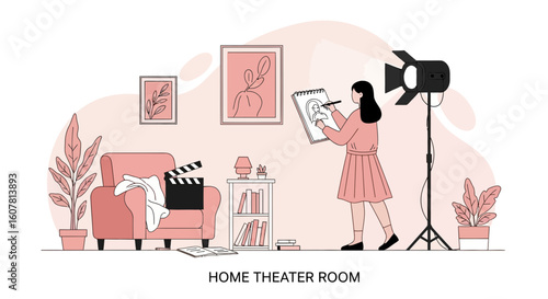 Woman Illustrating Cartoon Character In Cosy Home Studio With Movie Prop