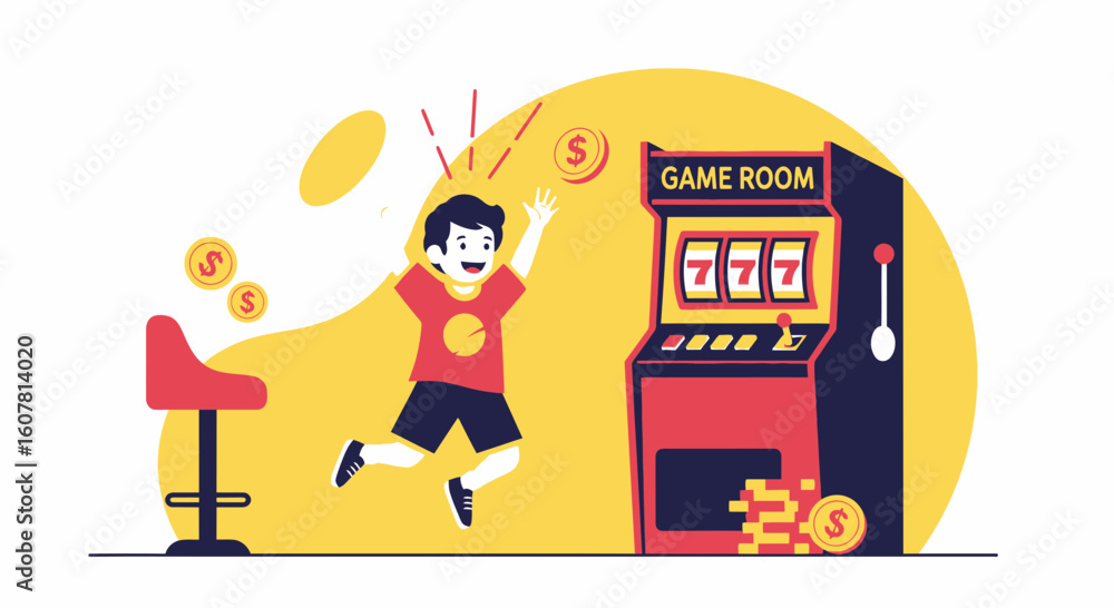 Fototapeta premium Successful Game Victory Depicts Boy Jumping for Joy Next to a Slot Machine
