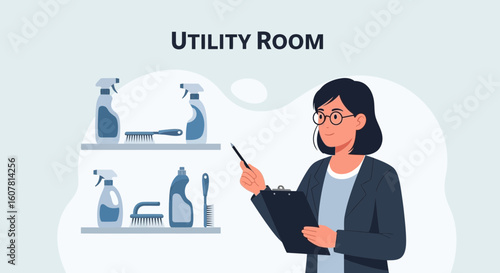 Woman Inspecting Cleaning Supplies In Utility Room With Organized Arrangement