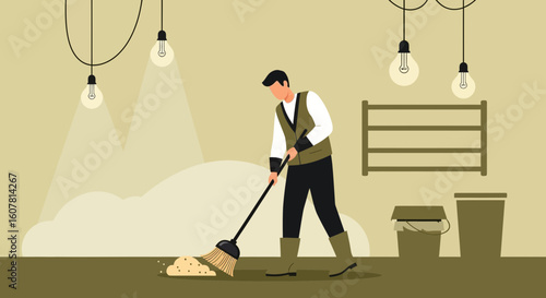 Sweeping Debris With Broom And Dust Pan In Clean And Organized Environment