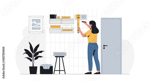 Woman Installing Shelves With Level In Modern Interior Home Improvement