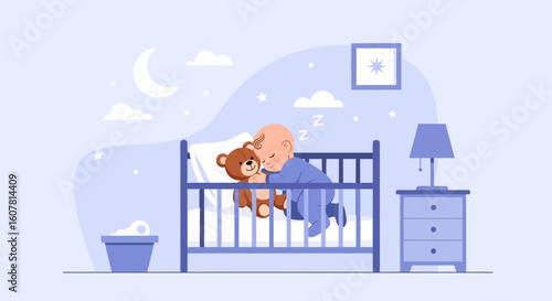Sweet Dreams Baby With Teddy Bear In Crib Under Moonlight Scene