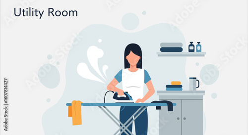 Woman Ironing Clothes At Home In The Laundry Room For Routine Chores