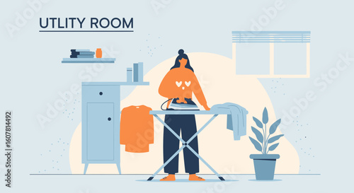 Woman Ironing Clothes In Laundry Room Interior With Plant And Minimalist Decor