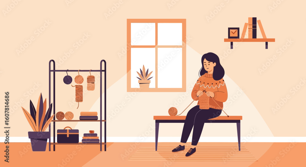 Fototapeta premium Woman Knits Wool In Her Room With A Cozy And Calm Environment