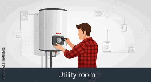 Technician Adjusting Temperature On Modern Water Heater In Utility Room