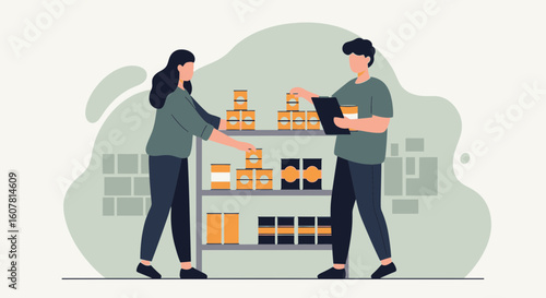 Teamwork In Food Bank Helping People Organize Supplies And Taking Inventory