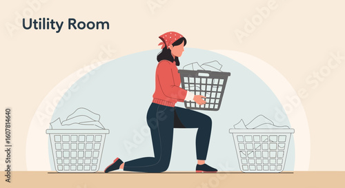Woman Kneeling Holding Laundry Basket Full Of Clothes In Utility Room