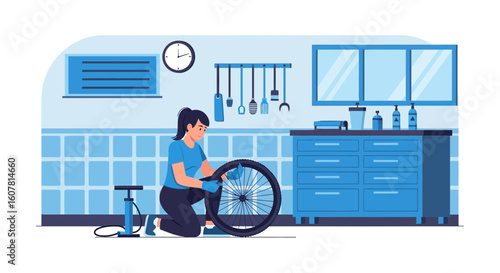Woman Kneeling Repairing Bicycle Wheel In Garage For Cycling Hobby