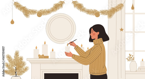 Woman Lighting Candles in Cozy Room Decorated for Winter Holidays