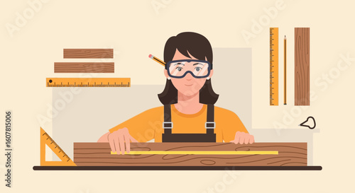 Woman Measuring Wood At A Woodworking Workbench With Safety Glasses