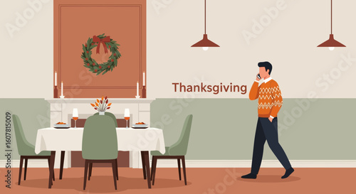 Thanksgiving Dinner Celebration Man Talking On Phone Elegant Minimalist Illustration