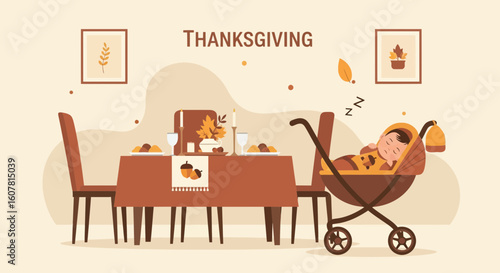 Thanksgiving Dinner Table With Sleeping Baby, Illustration for Family Celebrations