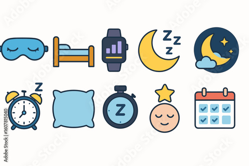 Sleep Icons Set: Mask, Bed, Tracker, Crescent Moon, Pillow, Alarm, Stopwatch, Calendar