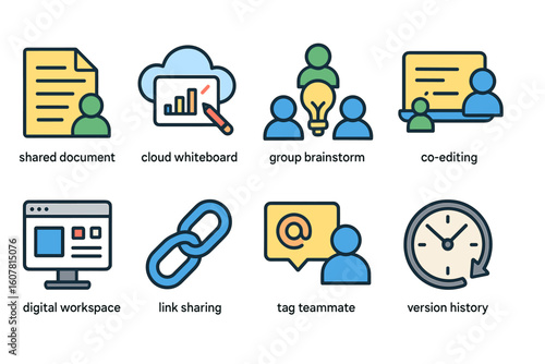 Collection of Colorful Icons for Collaborative Tools and Features in a Flat Design