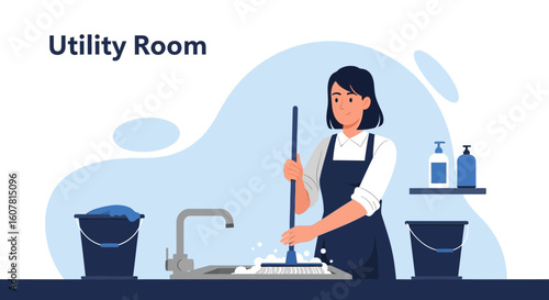 Woman Mopping Sink For Disinfection And Sanitization In The Laundry Room