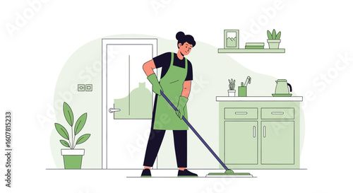 Woman Mopping the Floor in Home Housekeeping Cleaning Activity Routine