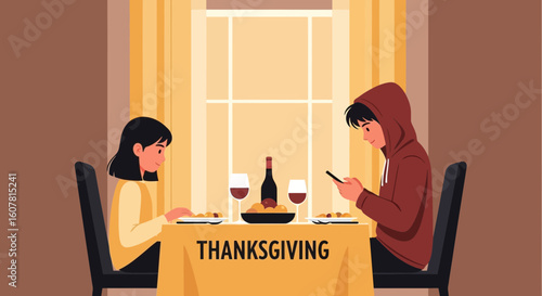Thanksgiving Gathering Disconnected Young Man Scrolling During Family Dinner