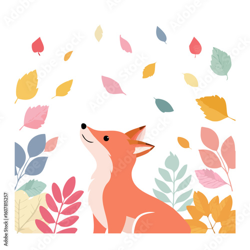 カラフルな葉とキツネ