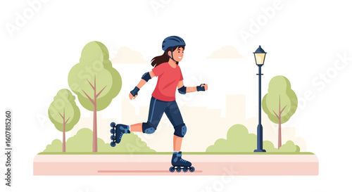 Woman On Inline Skates Enjoying Outdoor Activity In The Park On A Sunny Day