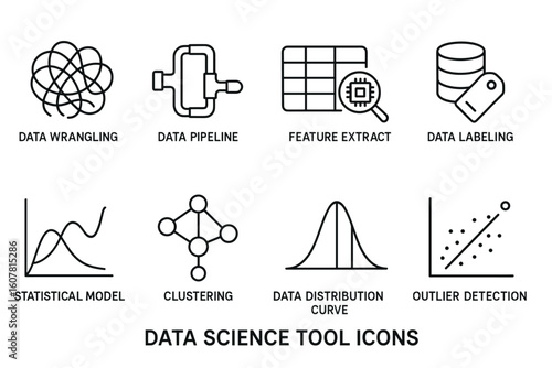 Data Science Icon Set Featuring Data Wrangling, Pipeline, Feature Extraction, and Clustering